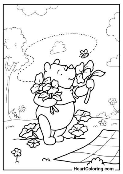 Winnie the Pooh and spring flowers - Spring Coloring Pages