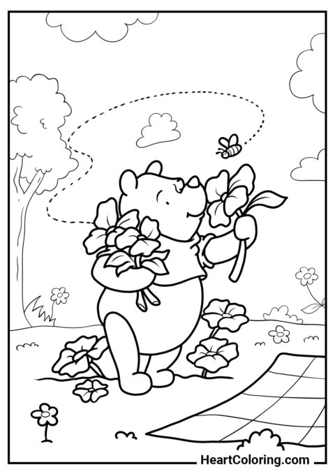 Winnie the Pooh and spring flowers - Spring Coloring Pages