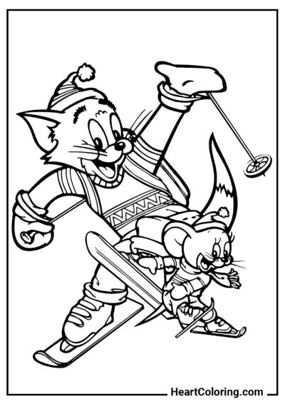 Tom and Jerry skiing - Coloring Pages for Boys