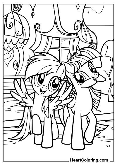 Strona do kolorowania: Rainbow Dash i Twilight w mieście