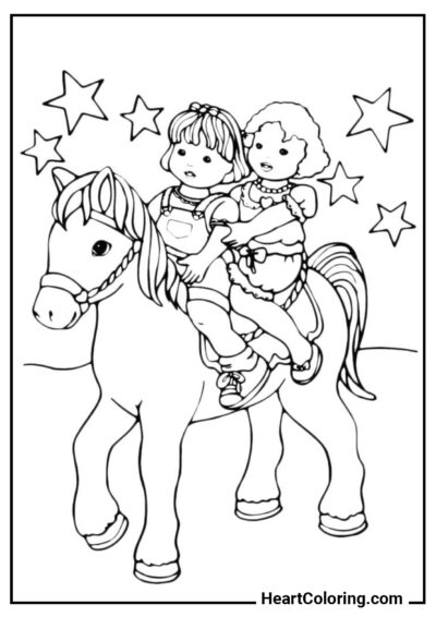Kinder reiten Ponys - Ausmalbilder von Pferden