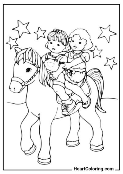 Enfants montant des poneys - Coloriages de Chevaux