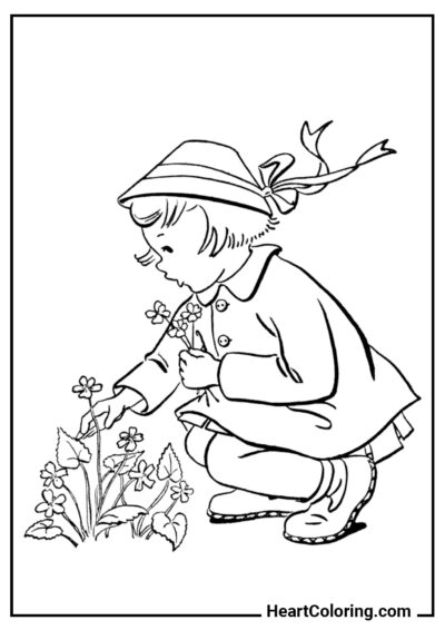 Fille cueillant des fleurs - Coloriages de Printemps