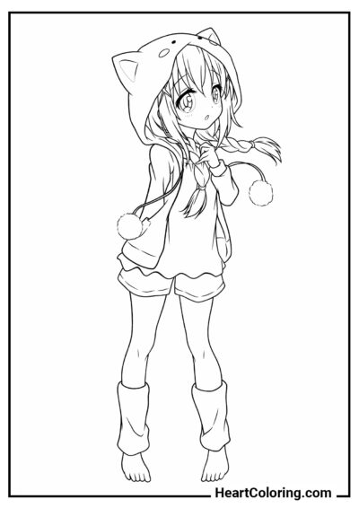 Girl in a cute hoodie - Anime Girl Coloring Pages