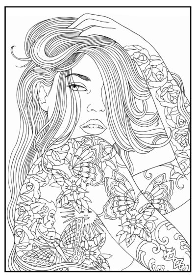 Girl with tattoos - Adult Coloring Pages