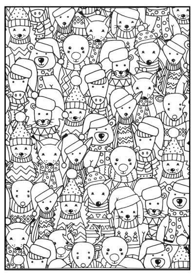 Animales con gorros de invierno - Dibujos Antiestrés para Colorear