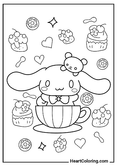 Wciągająca kolorowanka Szczęśliwy Cinnamoroll w filiżance herbaty z działu "Kolorowanki Cinnamoroll"