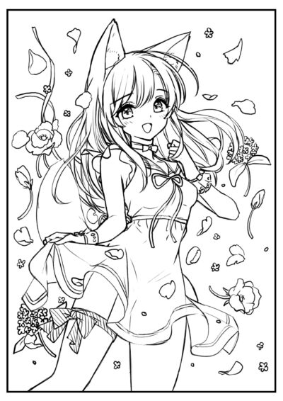 Girl with cat ears - Anime Girl Coloring Pages