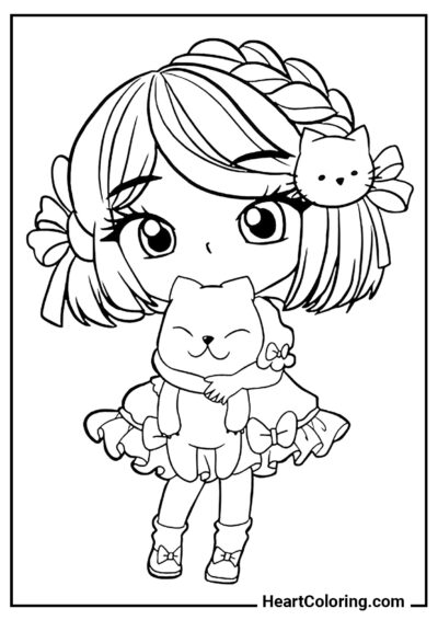 Menina com um gatinho - Desenhos de Meninas de Anime para Colorir