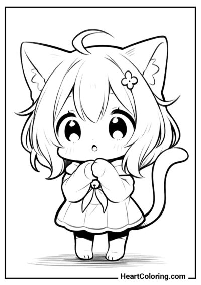 Katzenmädchen in einem niedlichen Outfit - Anime Mädchen Ausmalbilder