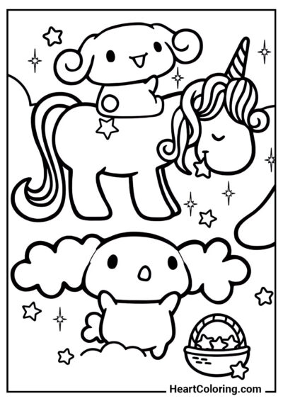 Cinnamoroll et Chiffon sur la pelouse - Coloriage Cinnamoroll