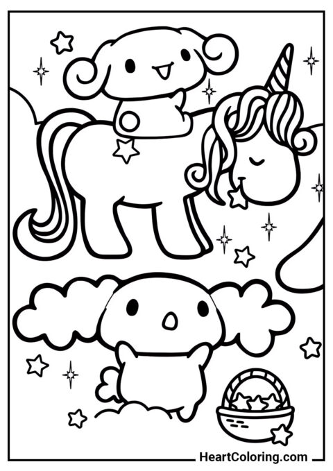 Cinnamoroll y Chiffon en el césped - Dibujos de Cinnamoroll para Colorear