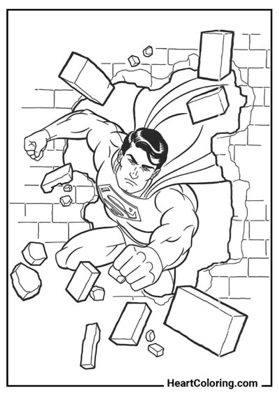 Superman brise le mur - Coloriage Superman