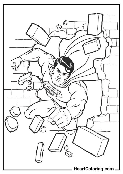 Superman brise le mur - Coloriage Superman