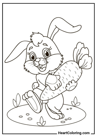 Lièvre satisfait avec une énorme carotte - Coloriages de Lapin