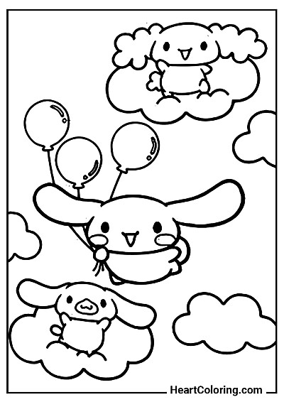 Drukowalna kolorowanka Cinnamoroll leci z balonami z serii "Kolorowanki Cinnamoroll"