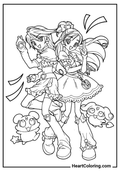 Friends with pets - Anime Girl Coloring Pages