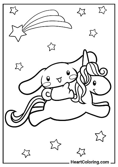 Kolorowanka Cinnamoroll jedzie na uroczym jednorożcu dla dzieci z kategorii "Kolorowanki Cinnamoroll"