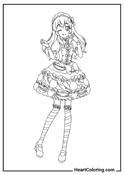 Girl in a cute dress - Anime Girl Coloring Pages
