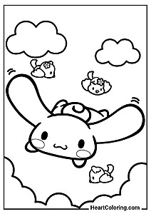 Easy coloring page: Cinnamoroll flying with little birds from "Cinnamoroll Coloring Pages"
