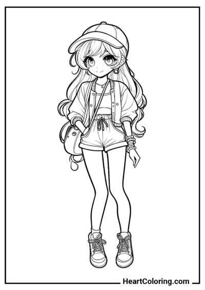 Girl in a baseball cap - Anime Girl Coloring Pages