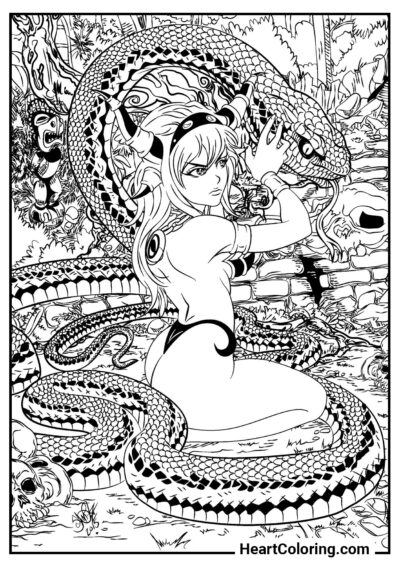 Girl and snake - Adult Coloring Pages