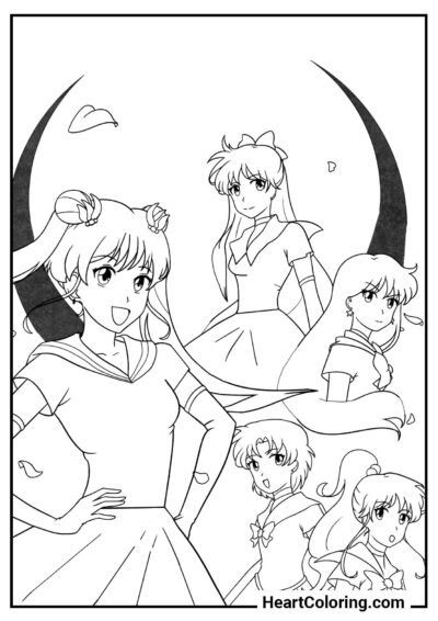 Bohaterki Sailor Moon — świetna kolorowanka z kolekcji "Kolorowanki Anime z Dziewczynami"
