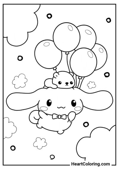 Cinnamoroll está volando en globos - Dibujos de Cinnamoroll para Colorear