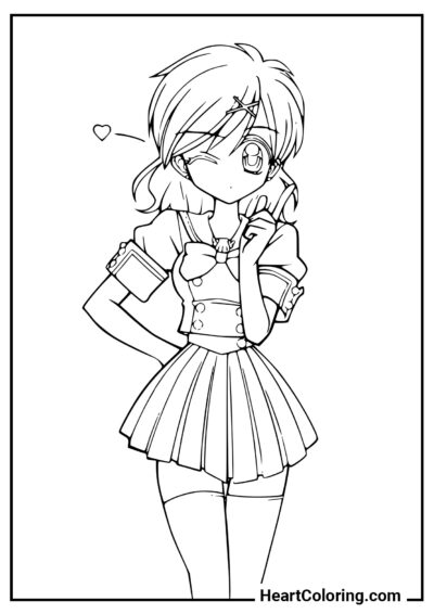 Winking schoolgirl - Anime Girl Coloring Pages