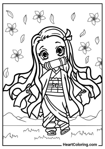 Kolorowanka Zaskoczona chibi Nezuko z kategorii "Kolorowanki Anime z Dziewczynami"