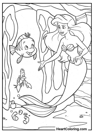 Ariel with friends - The Little Mermaid Coloring Pages