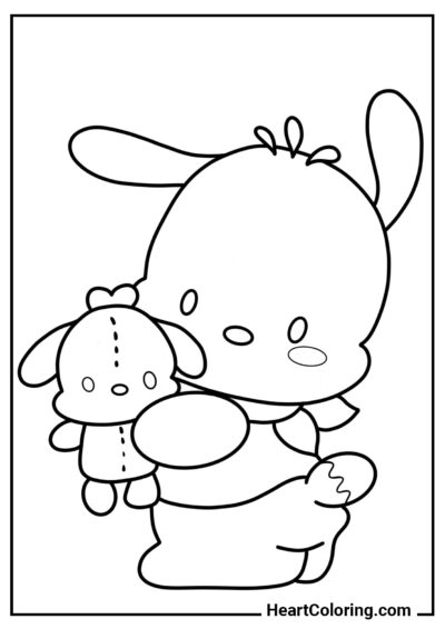 Pochacco com um brinquedo de pelúcia - Desenhos de Pochacco para Colorir