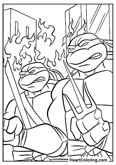 Żółwie w walce — łatwa do wydrukowania kolorowanka