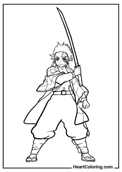 Position de combat de Tanjiro - Coloriage Demon Slayer