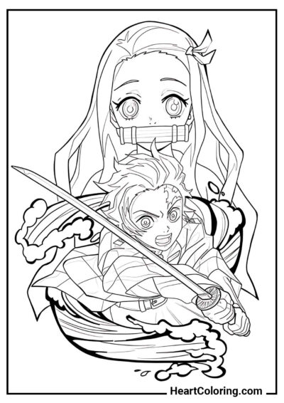 Brother and sister - Demon Slayer Coloring Pages