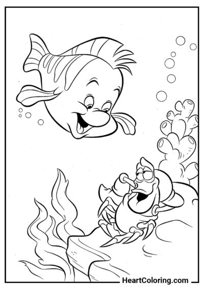 Flounder y Sebastián - Dibujos de La sirenita para Colorear