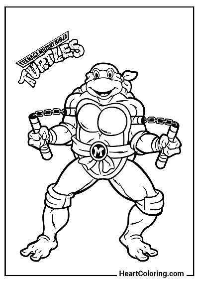 Obrazek do druku i kolorowania: Michelangelo i jego nunchaku