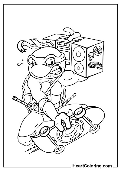 Zabawy Raphael na deskorolce — darmowy wydruk w domu