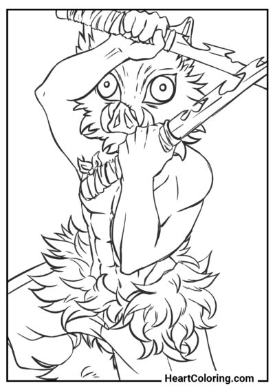 Inosuke in a mask - Demon Slayer Coloring Pages