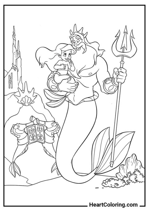 Bébé Ariel avec son père - Coloriages de La Petite Sirène