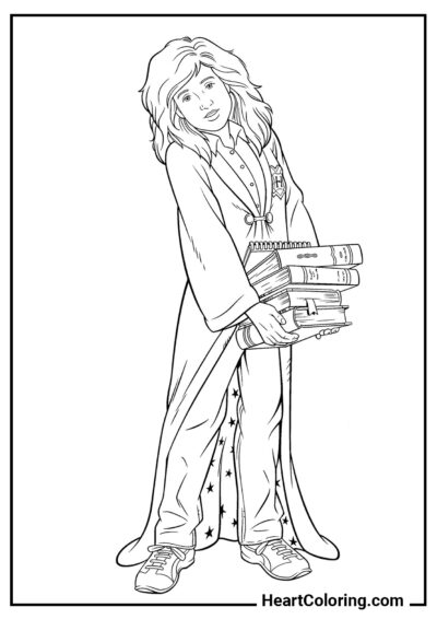 Hermione with books - Harry Potter Coloring Pages