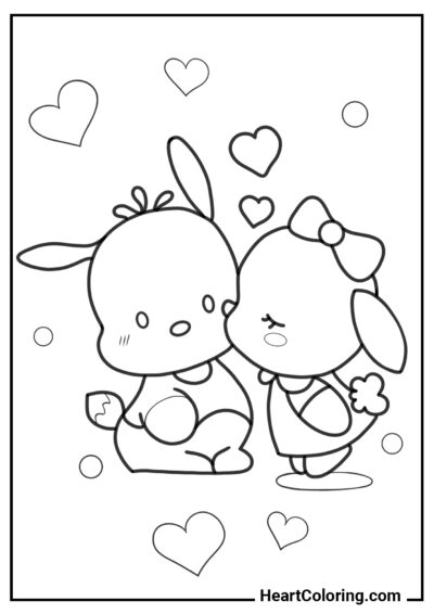 Kiss of Pochacco and Pochamii - Pochacco Coloring Pages
