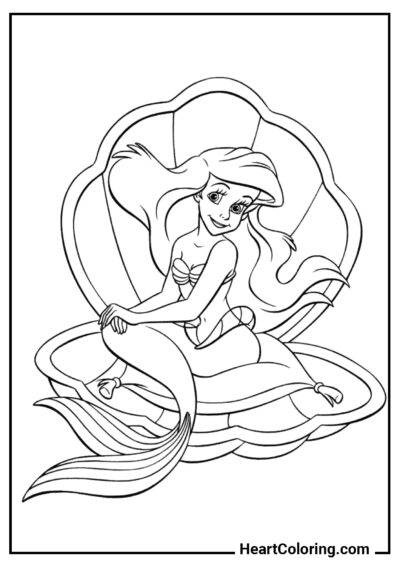 Kleine Meerjungfrau auf einer Muschel - Ausmalbilder von Arielle, die Meerjungfrau