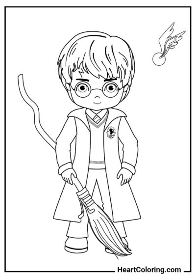 Chibi Harry with Broomstick - Harry Potter Coloring Pages
