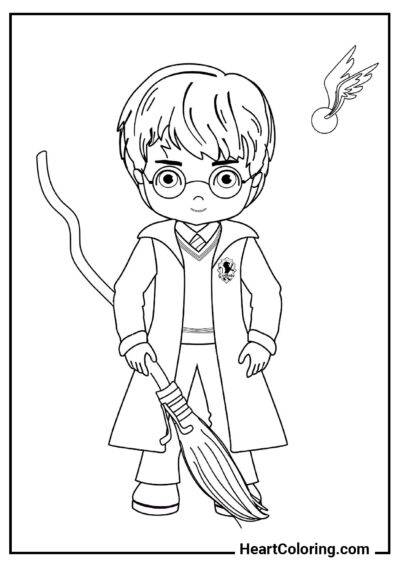 Chibi Harry avec un balai - Coloriages Harry Potter