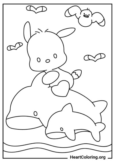 Pochacco montando um golfinho - Desenhos de Pochacco para Colorir