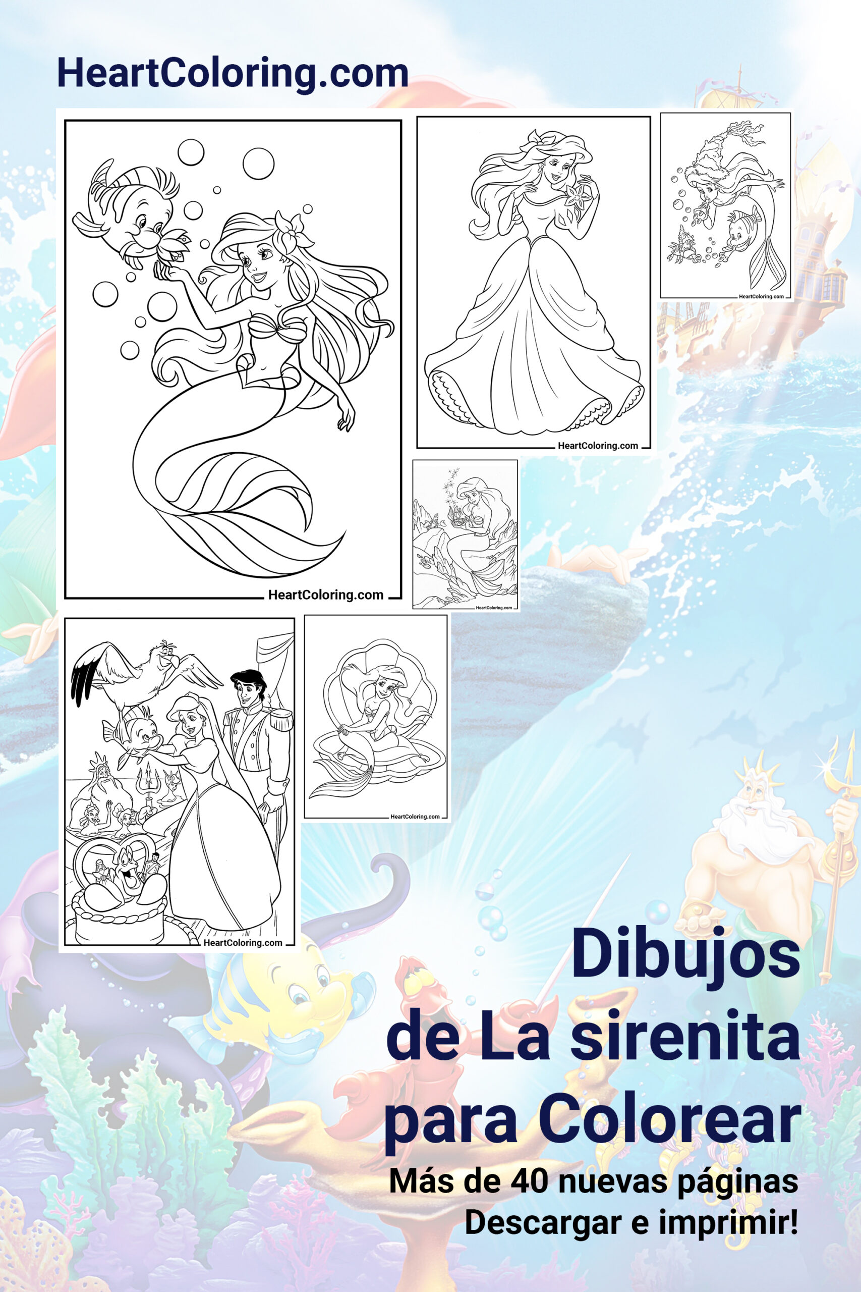 Dibujos de La Sirenita Ariel para imprimir en A4 y colorear