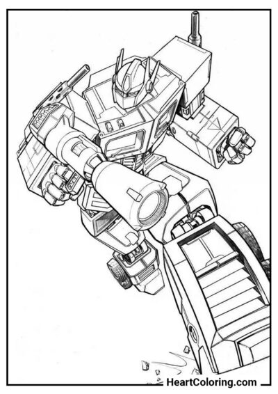 Optimus Prime in battle - Transformers Coloring Pages