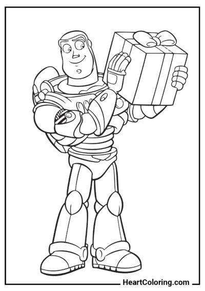 Buzz l’Éclair avec un cadeau - Coloriage Toy Story