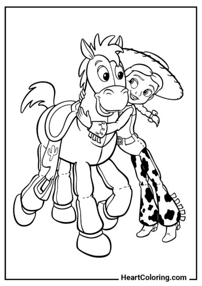 Bullseye embraced by Jessie - Toy Story Coloring Pages
